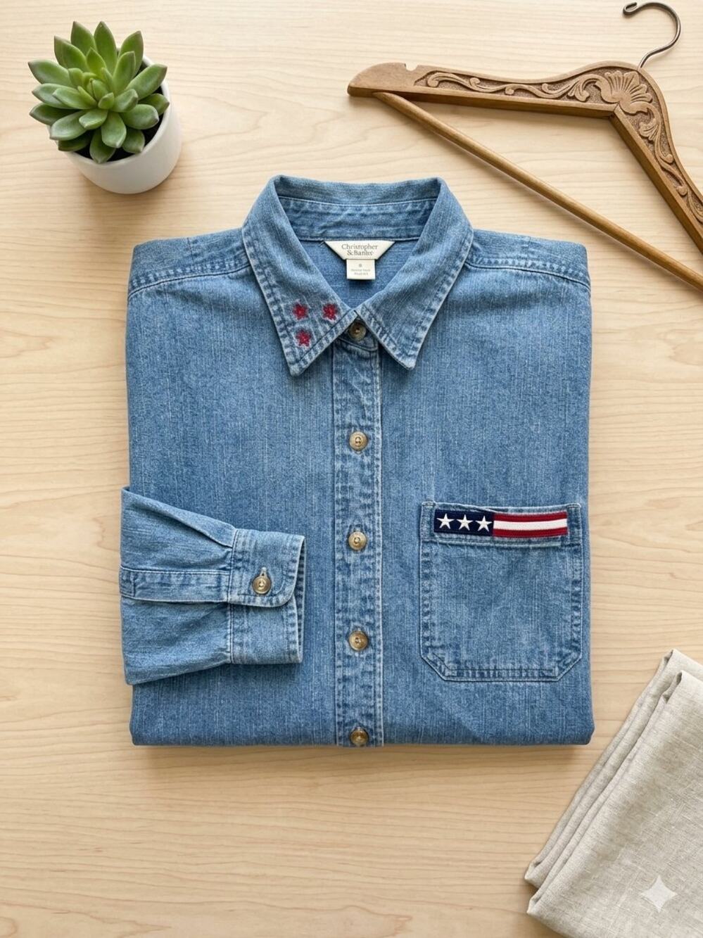 Vintage Christopher Banks Patriotic Denim Button-Up Shirt Jacket Medium Shacket